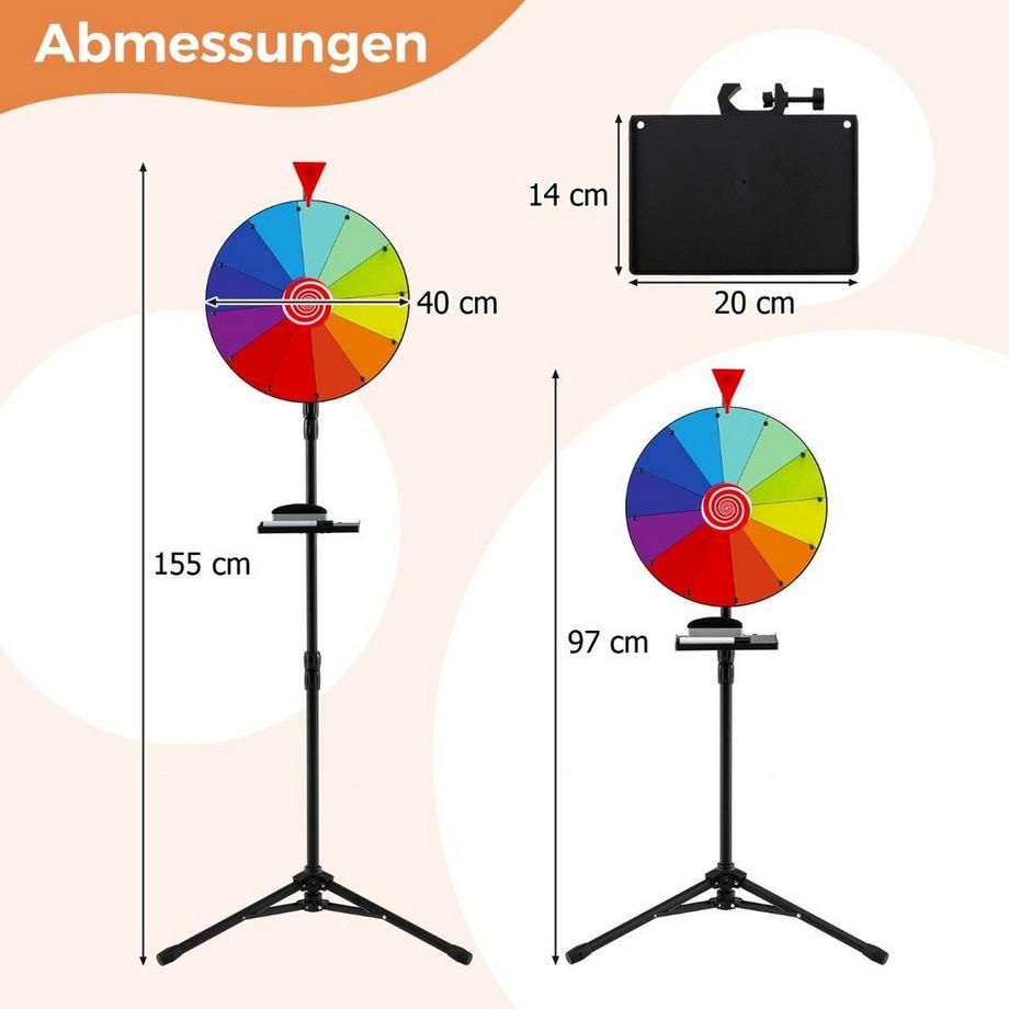 B2X  Ø 40 cm Glücksrad mit Dreibein-Bodenständer Höhenverstellbares Preisrad mit Ablage 