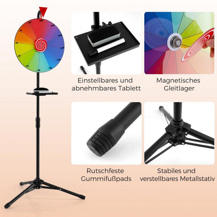 B2X  Ø 40 cm Glücksrad mit Dreibein-Bodenständer Höhenverstellbares Preisrad mit Ablage 