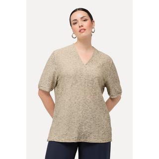 Ulla Popken  Sweat-shirt à manches courtes et col V. Tissu texturé 