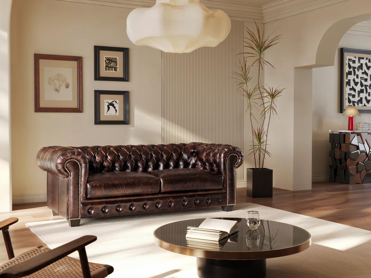 LINEA SOFA Divano Chesterfield a 3 posti 100% pelle di bufalo e con riflessi castani BRENTON  