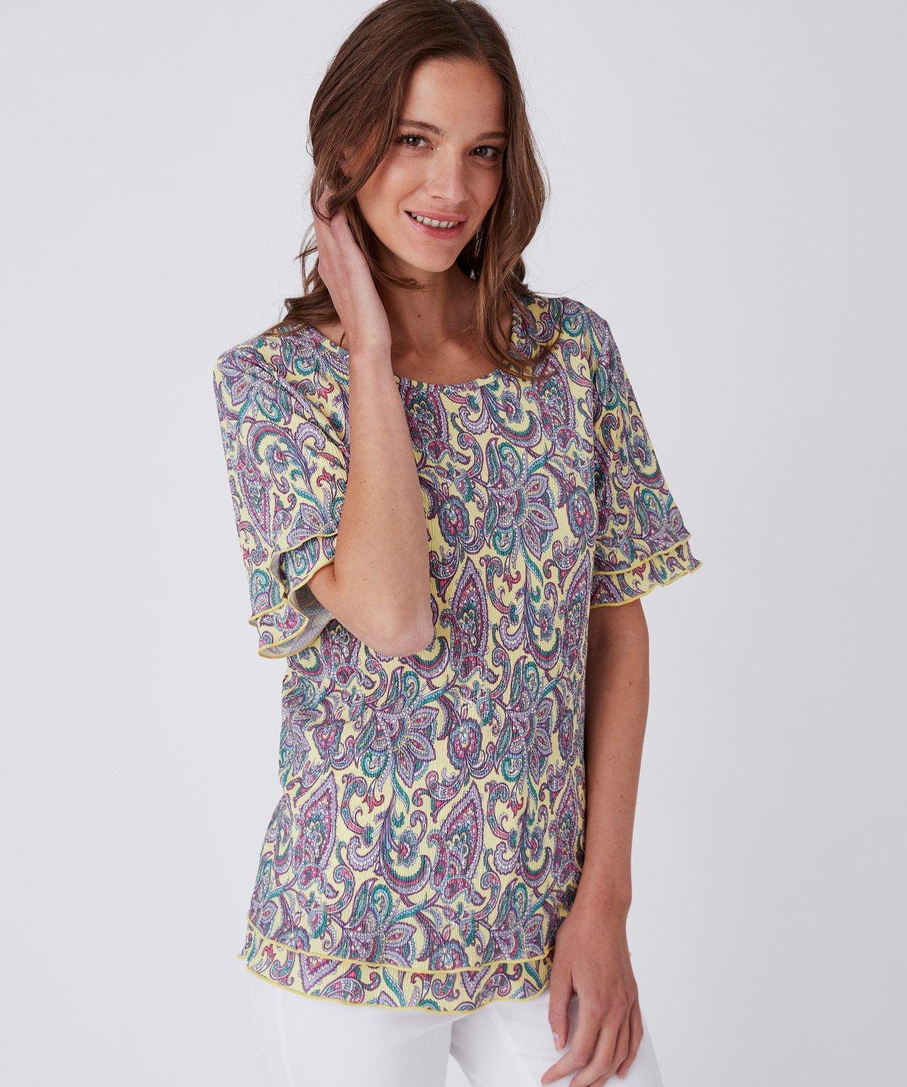 Image of Plissee-shirt In Volantoptik, Rundhalsausschnitt, Trapezform. Damen Gelb 46-48