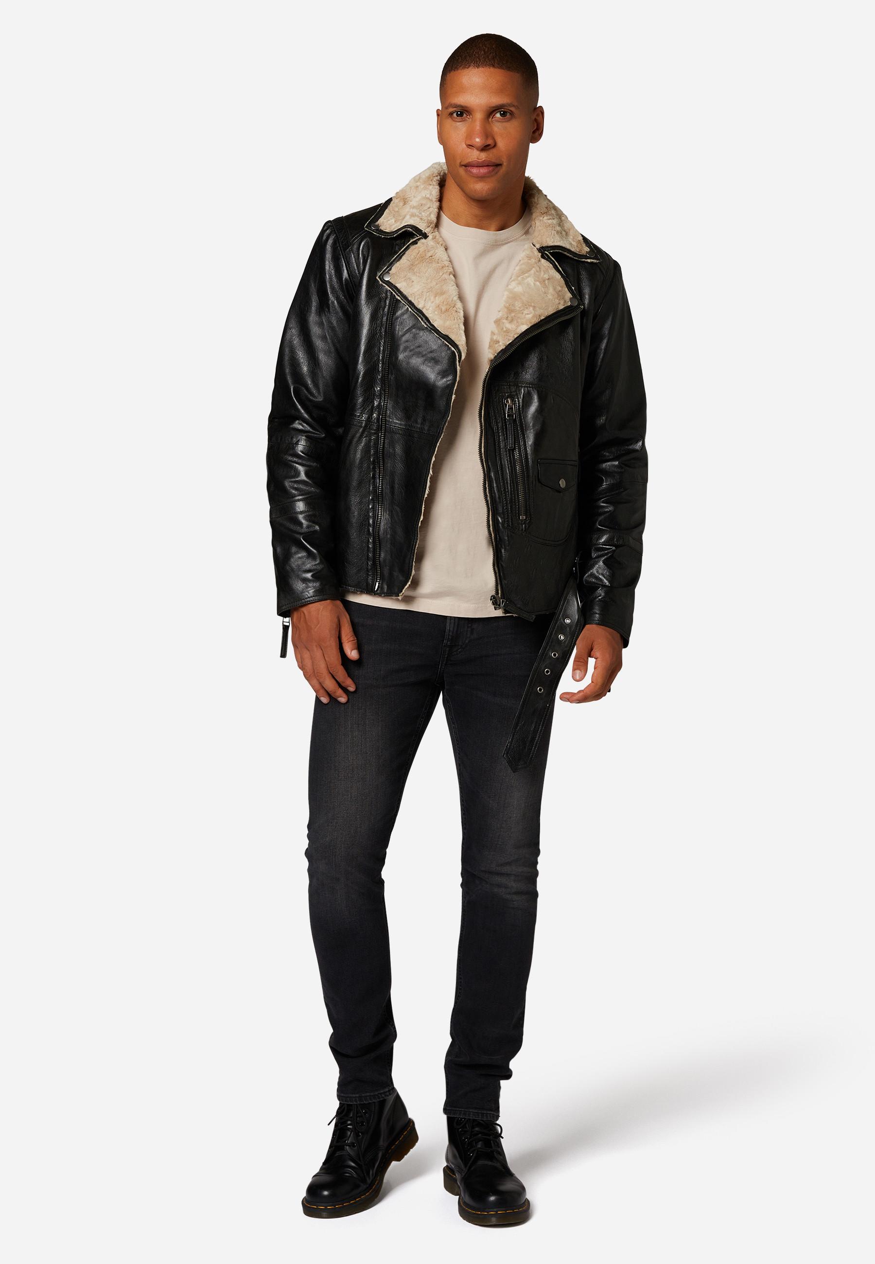 RICANO  Veste en cuir pour homme Harlem - Style Biker avec doublure en fourrure 