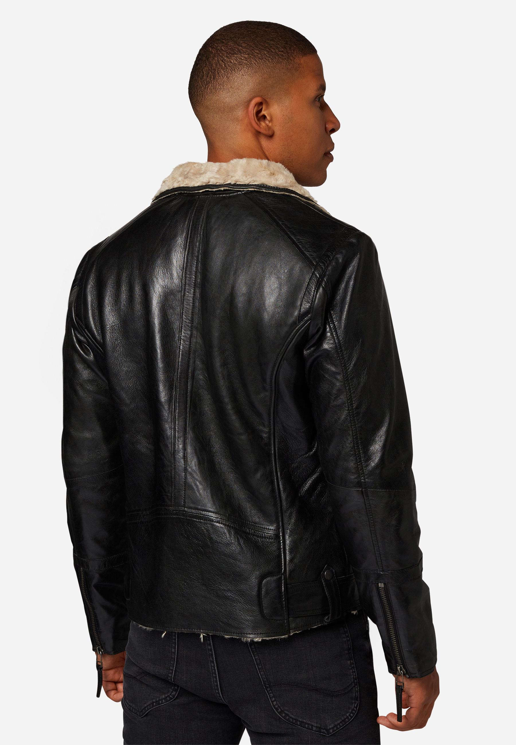 RICANO  Veste en cuir pour homme Harlem - Style Biker avec doublure en fourrure 