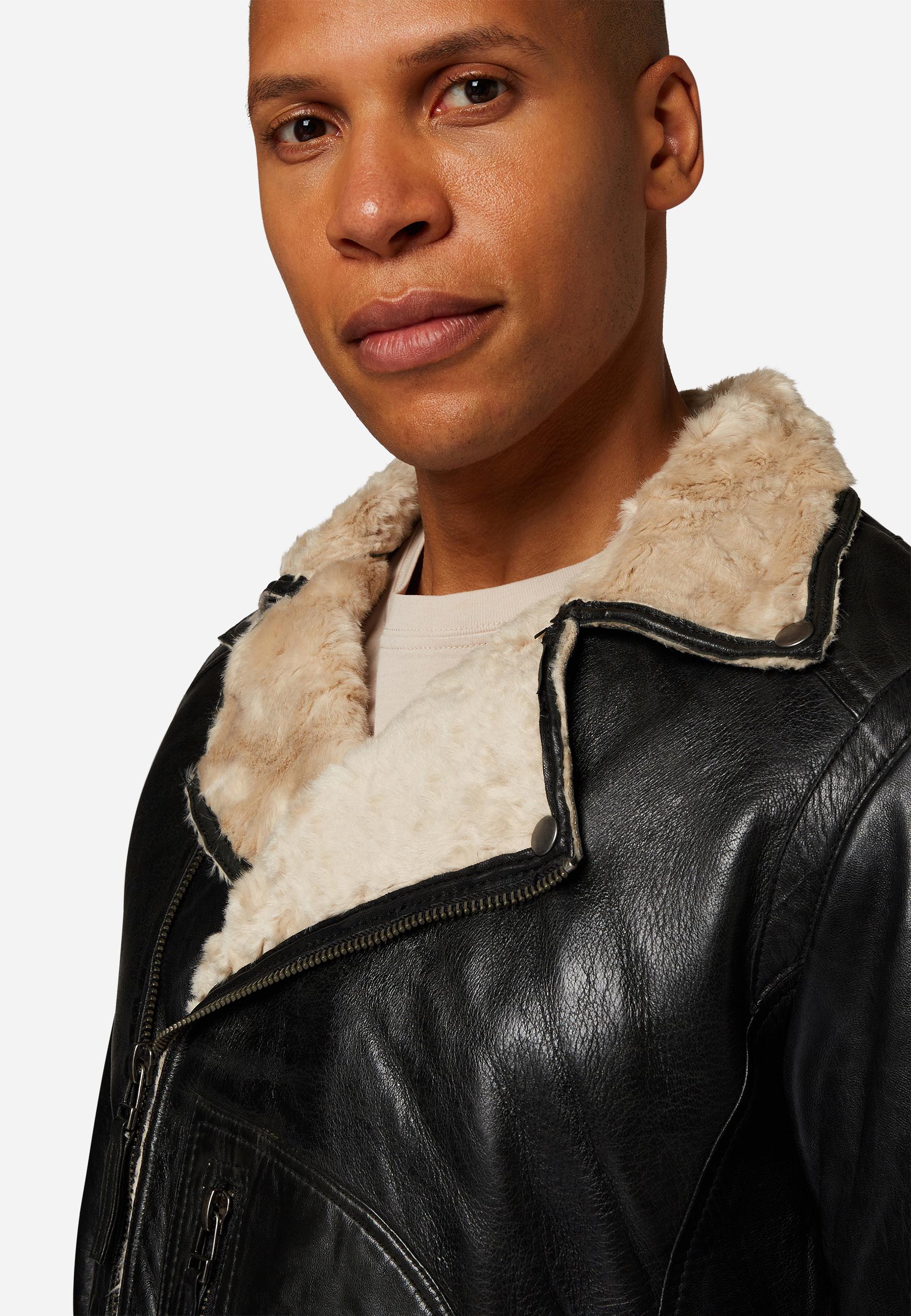 RICANO  Veste en cuir pour homme Harlem - Style Biker avec doublure en fourrure 