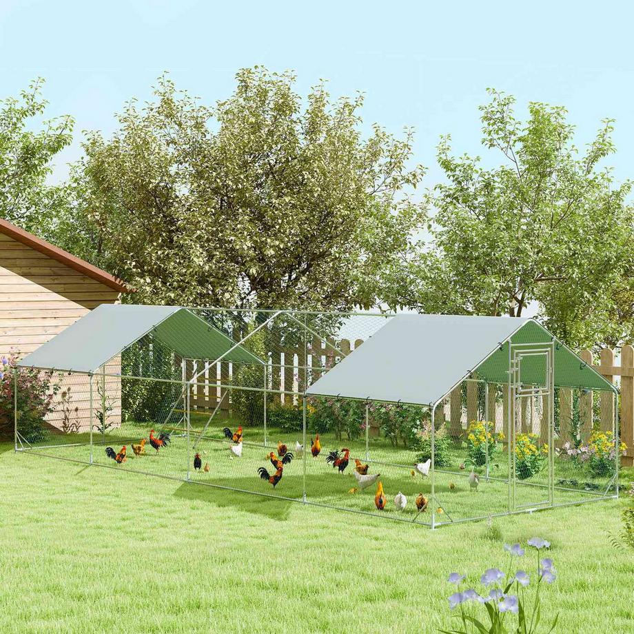 Northio  Enclos pour poulailler en liberté en acier, cage à poules 300 x 800 x 195 cm avec couvercle résistant aux UV, porte d'alimentation, alimentation suspendue, perchoir, enclos pour poules pour 24 à 30 poules, petits animaux, argent 