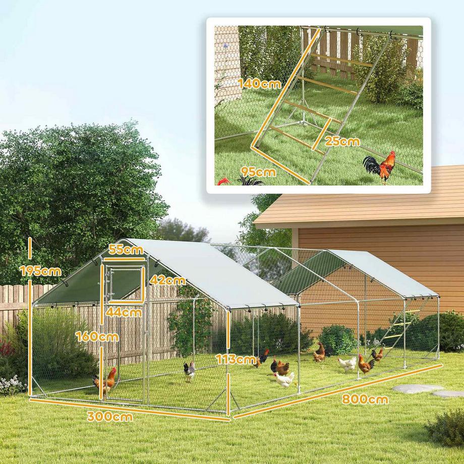 Northio  Enclos pour poulailler en liberté en acier, cage à poules 300 x 800 x 195 cm avec couvercle résistant aux UV, porte d'alimentation, alimentation suspendue, perchoir, enclos pour poules pour 24 à 30 poules, petits animaux, argent 