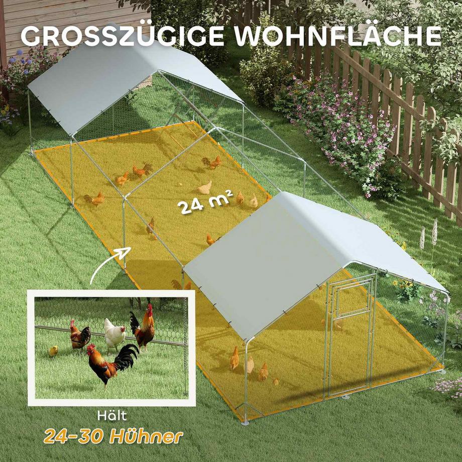 Northio  Enclos pour poulailler en liberté en acier, cage à poules 300 x 800 x 195 cm avec couvercle résistant aux UV, porte d'alimentation, alimentation suspendue, perchoir, enclos pour poules pour 24 à 30 poules, petits animaux, argent 