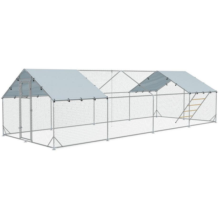 Northio  Enclos pour poulailler en liberté en acier, cage à poules 300 x 800 x 195 cm avec couvercle résistant aux UV, porte d'alimentation, alimentation suspendue, perchoir, enclos pour poules pour 24 à 30 poules, petits animaux, argent 
