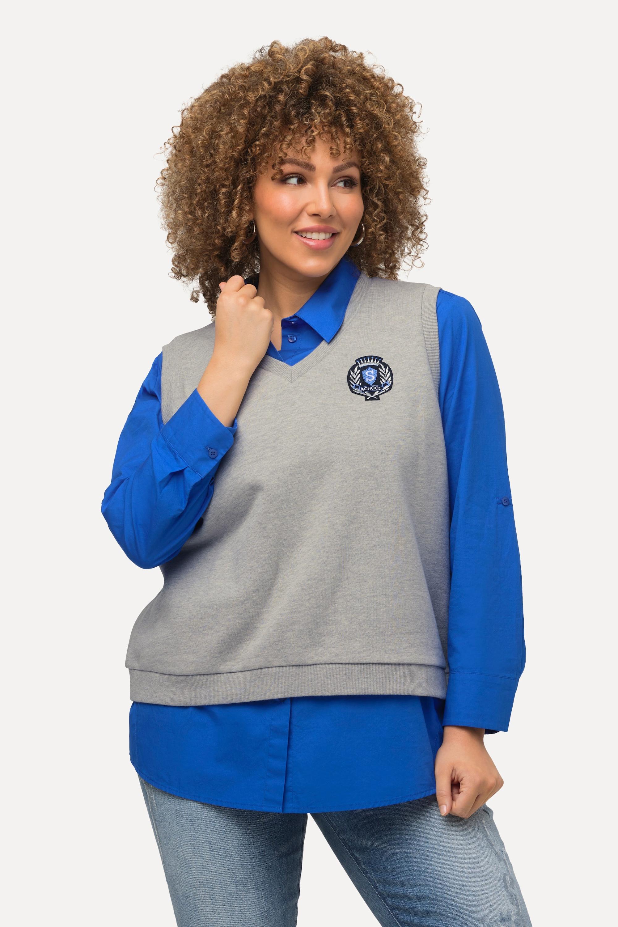 Ulla Popken  Sweat-Pullunder, College-Patch, V-Ausschnitt, ärmellos 