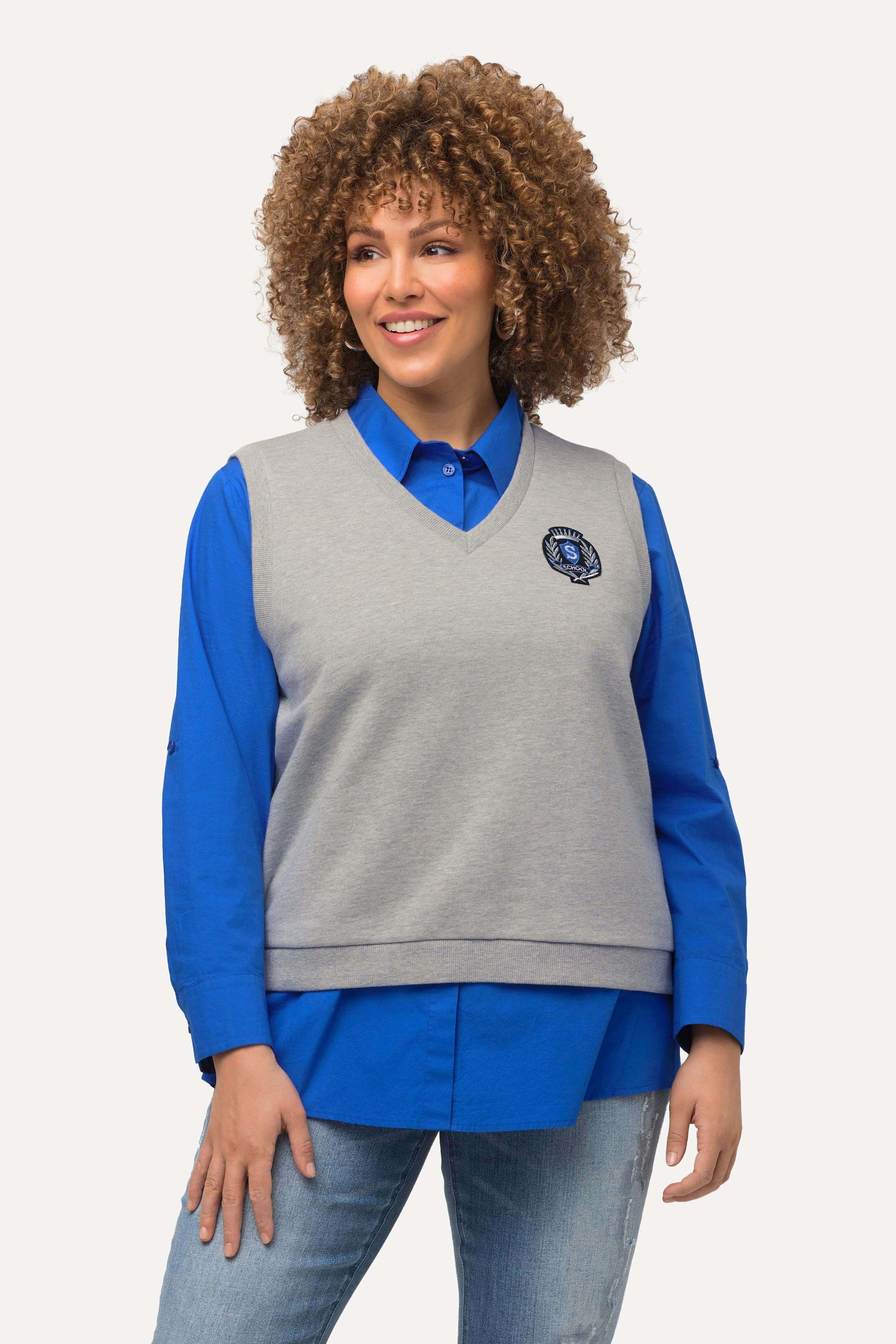 Ulla Popken  Sweat-Pullunder, College-Patch, V-Ausschnitt, ärmellos 