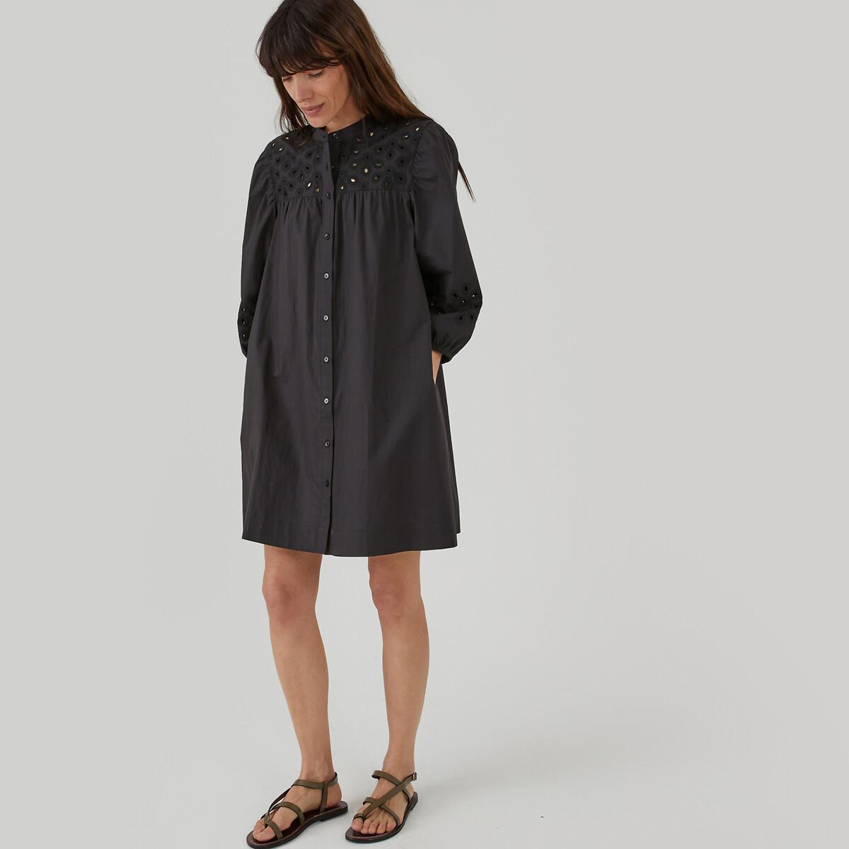 Image of Kurzes Kleid Mit Knopfverschluss & Lochstickereien Damen Schwarz 36