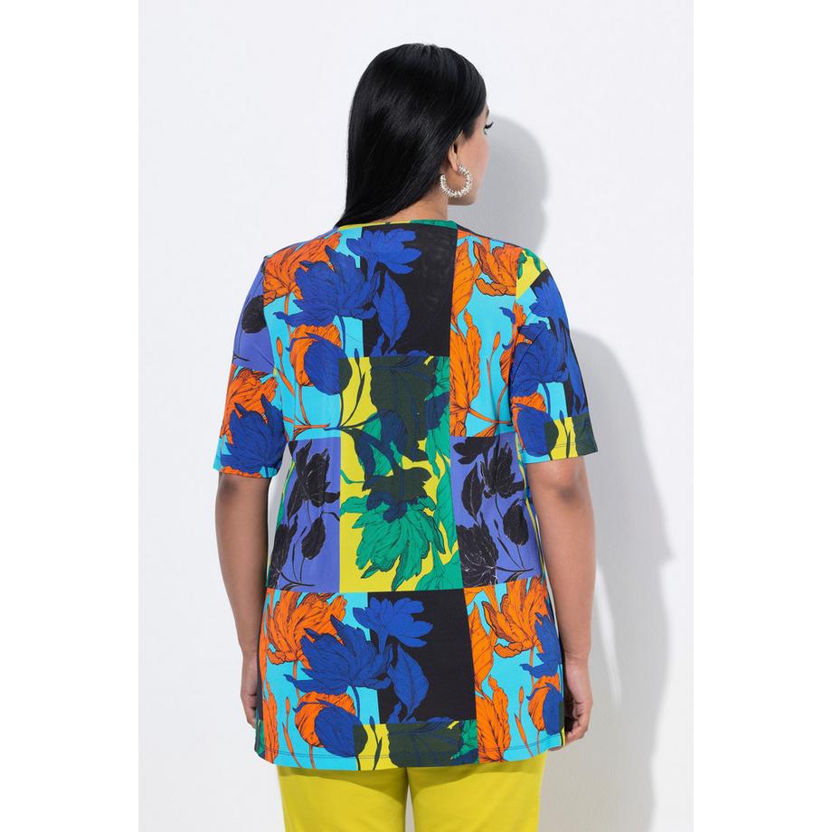 Ulla Popken T-shirt Motif Feuilles Coupe Évasée Col V Manches Courtes  