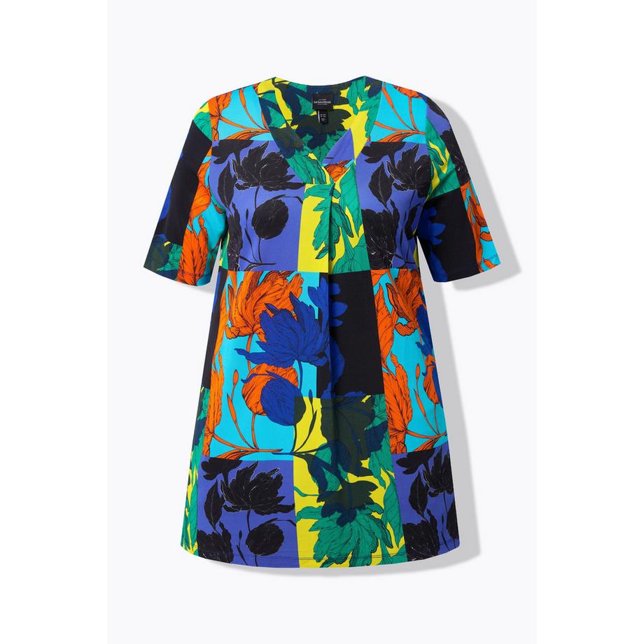 Ulla Popken T-shirt Motif Feuilles Coupe Évasée Col V Manches Courtes  