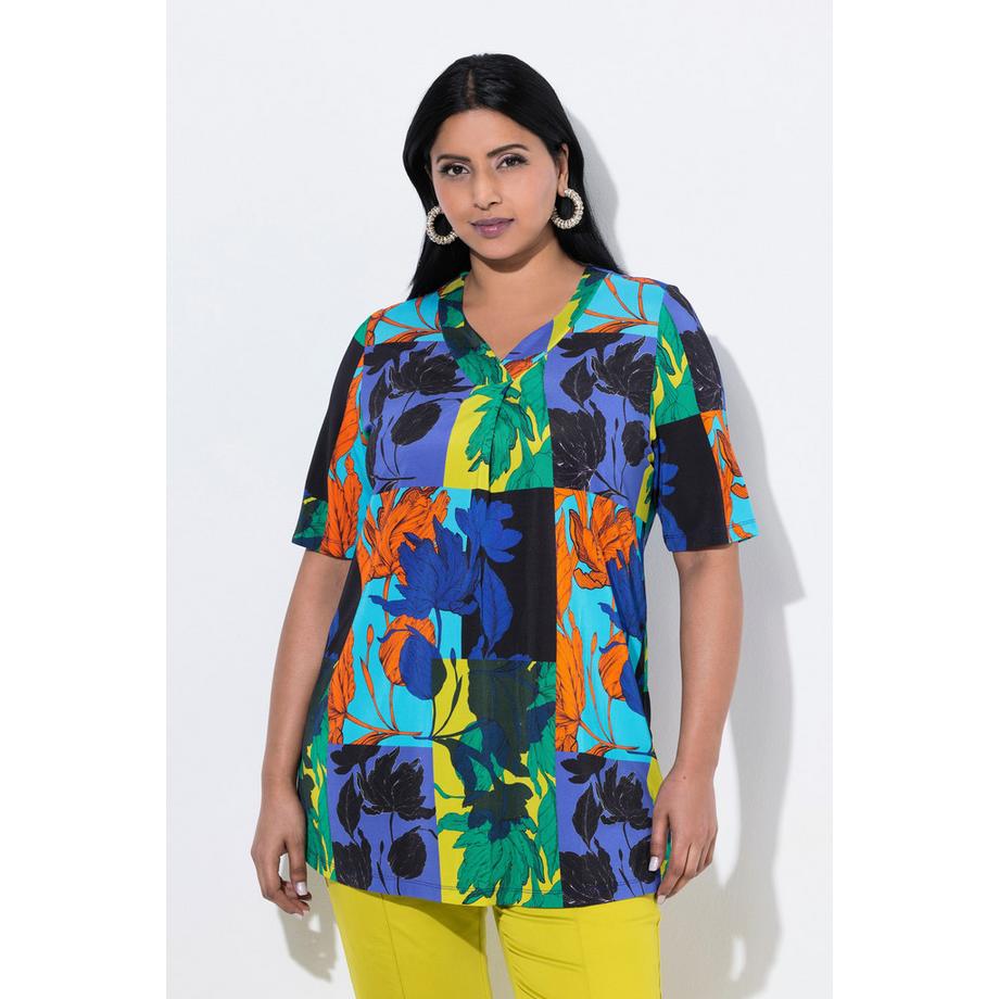 Ulla Popken T-shirt Motif Feuilles Coupe Évasée Col V Manches Courtes  