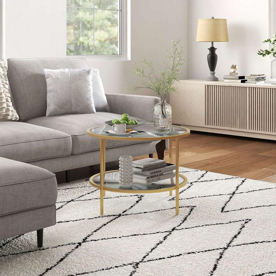 Northio Beistelltisch Rund Couchtisch mit Ablage, Stahlrahmen, Kaffeetisch, Nachttisch für Wohnzimmer, Schlafzimmer, Gold, Ø60 x 43 cm  