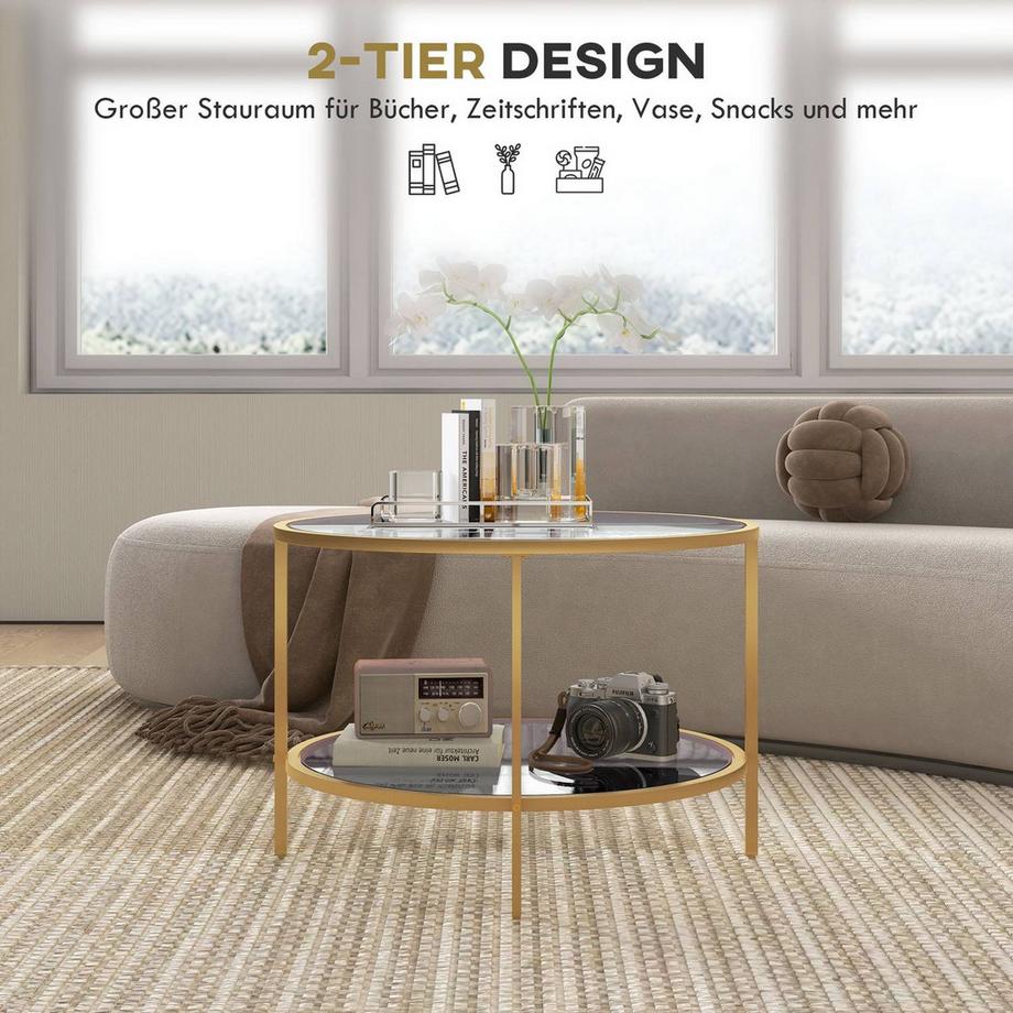 Northio Beistelltisch Rund Couchtisch mit Ablage, Stahlrahmen, Kaffeetisch, Nachttisch für Wohnzimmer, Schlafzimmer, Gold, Ø60 x 43 cm  