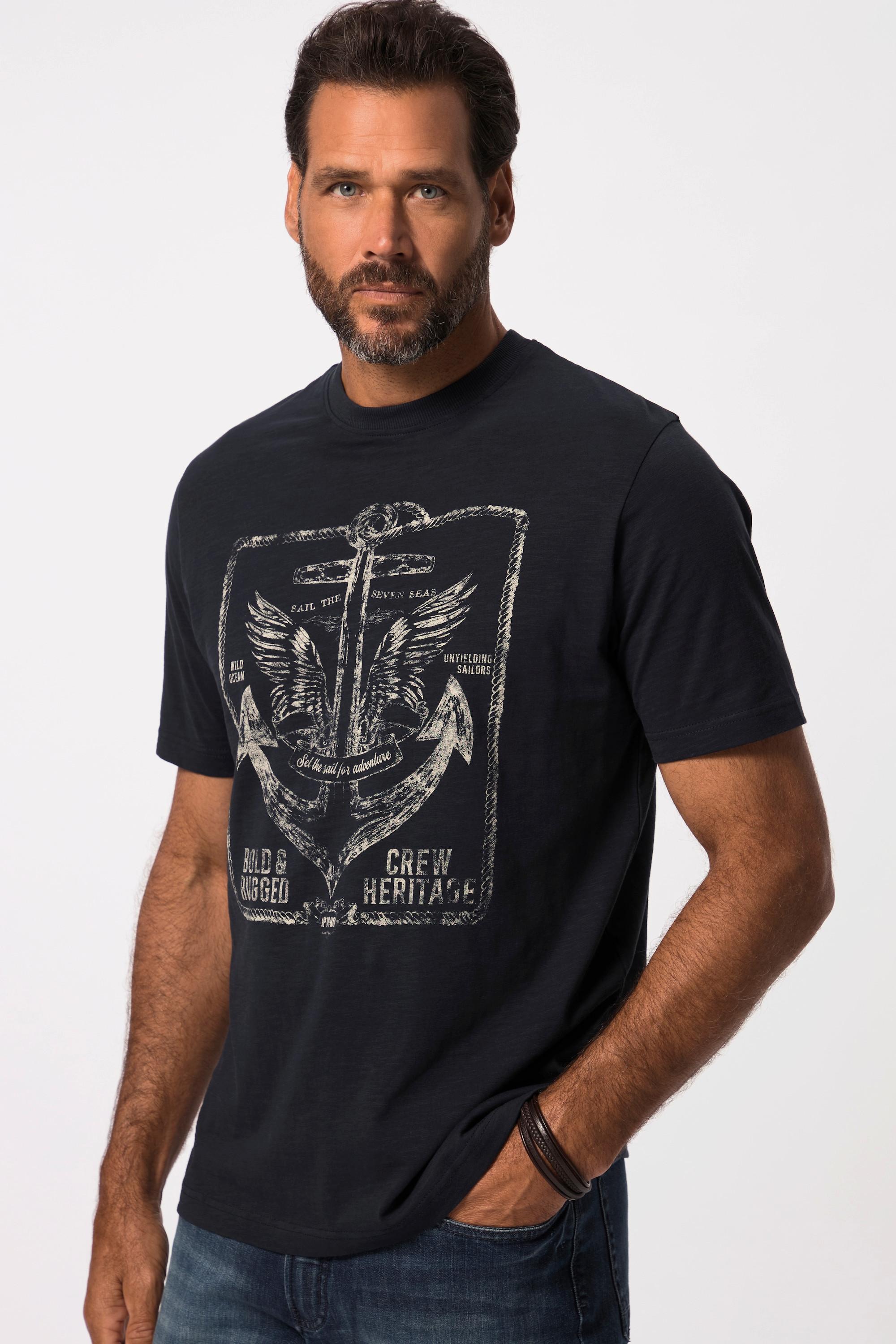 JP1880  T-shirt à manches courtes, col rond et imprimé ancre de bateau sur la poitrine bleu marine 