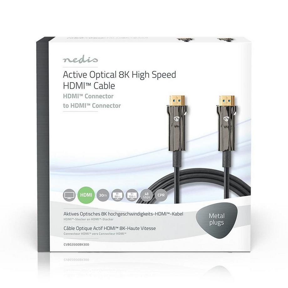 Nedis  Aktives optisches Ultra-High-Speed-HDMI-Kabel mit Ethernet | HDMI™-Anschluss | HDMI™-Anschluss | 8K@60Hz | 48 Gbps | 30,0 m | Rund | PVC | Schwarz | Geschenkbox 