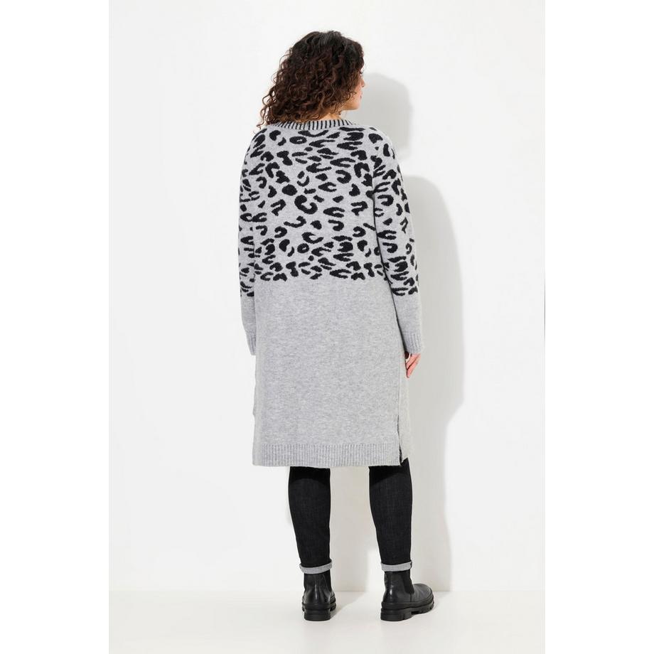 Ulla Popken Long Strickjacke Leomuster V-Ausschnitt Langarm  