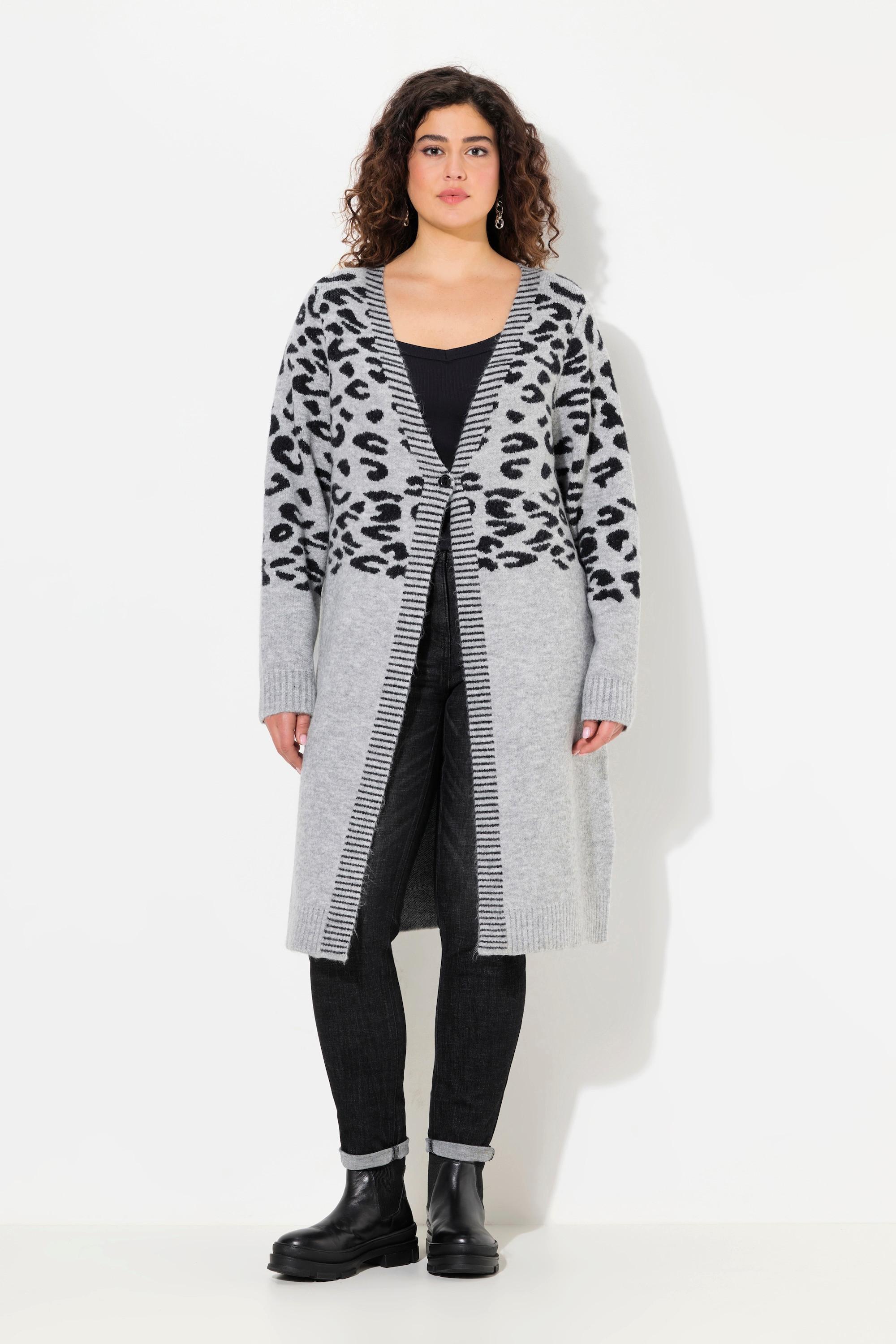 Ulla Popken  Cardigan lungo con design leopardato, scollo a V e maniche lunghe 