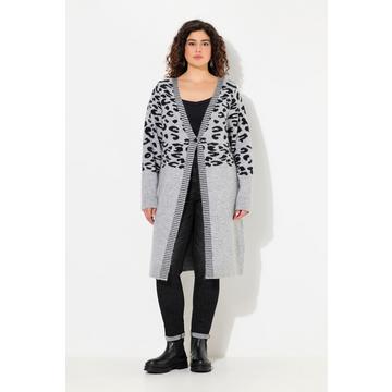 Long cardigan motif léoopard, encolure en V et manches longues