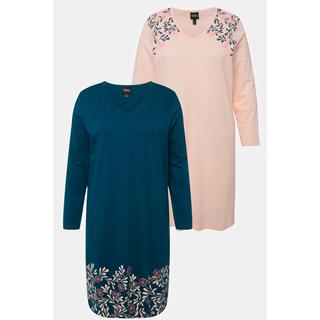 Ulla Popken  T-shirts de nuit avec motif fleurs. Décolleté en V et manches longues. Lot de 2. 