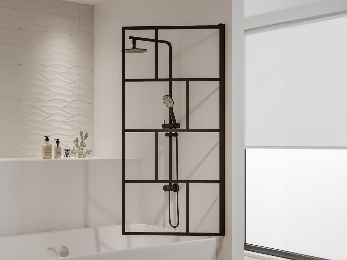 SHOWER DESIGN Schwenkbare Duschtrennwand für die Badewanne - Industriestil - 70 x 140 cm - Schwarz matt - Glas - RIVANON  