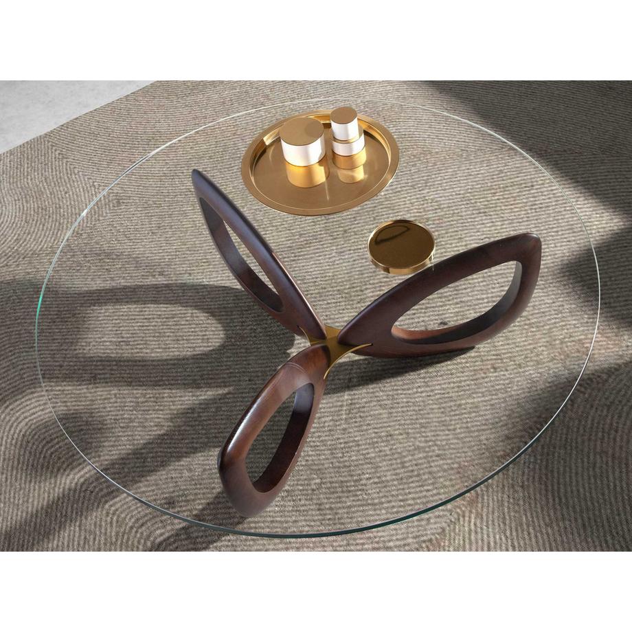 ANGEL CERDA Table basse ronde en verre trempé et noyer  