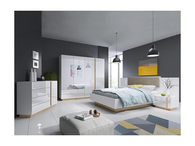 Image of Bett mit integrierten Nachttischen MURARI mit LEDs Hochglanz Eiche Bett mit integrierten Nachttischen MURARI mit LEDs Hochglanz Eiche