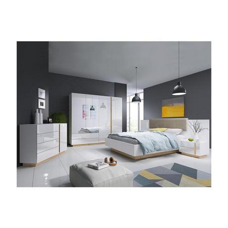 Vente-unique Letto con comodini Con LED Bianco brillante e Rovere MURARI  