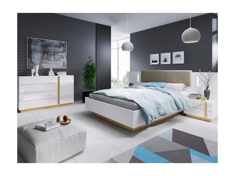 Vente-unique Letto con comodini Con LED Bianco brillante e Rovere MURARI  