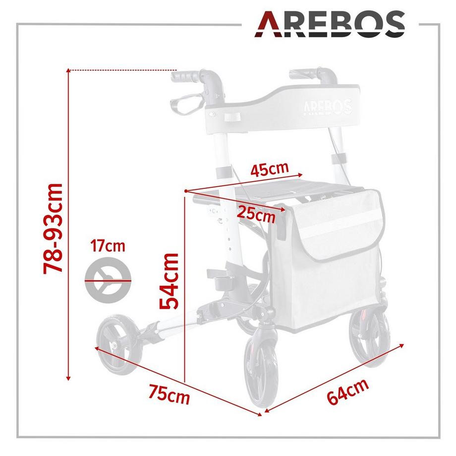 Arebos  Alu Rollator | Klappbar | Leichtgewichtsrollator | 6 Höheneinstellung 