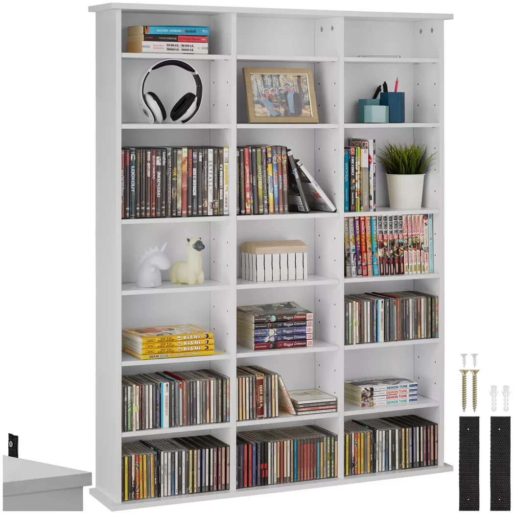 Tectake - Estantería STEVIE 105,5 x 19 x 136,5 cm, Elegante estantería para CDS con mucho espacio de almacenamiento, 18 estantes ajustables, Estructura estable y segura