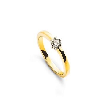 Bague solitaire serti 6 griffes or jaune 750, brillant 0.15ct. or blanc 750, brillant