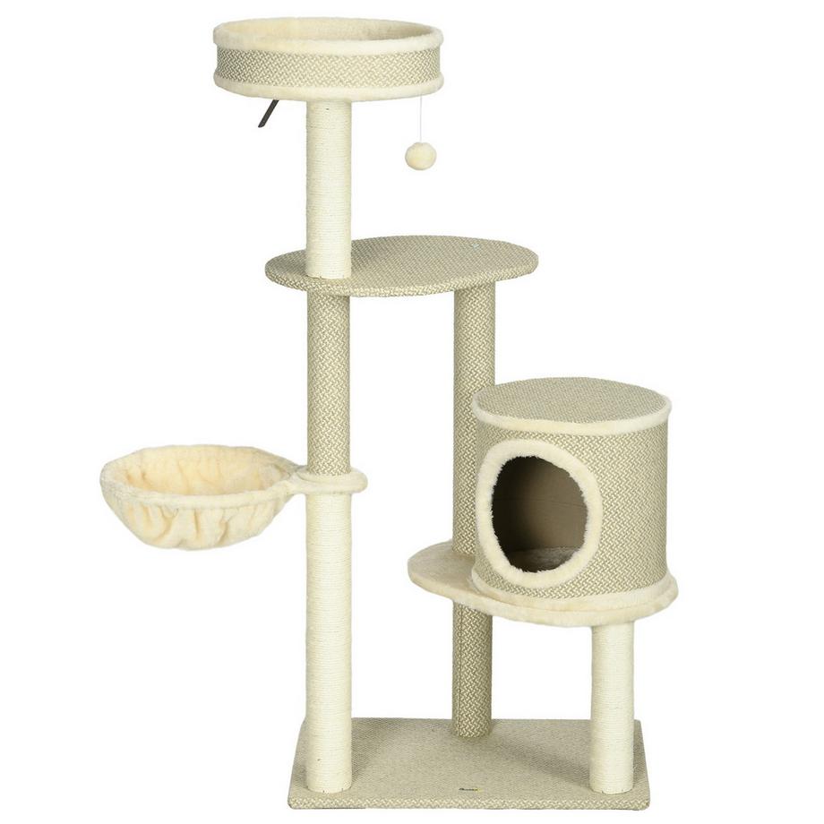 Tiragraffi Per Gatti 124 Cm Con Cestino E Torre Da Arrampicata Con Palla Da Gioco, 2 Superfici Di Sdraio, Per Gatti Fino A 5 Kg