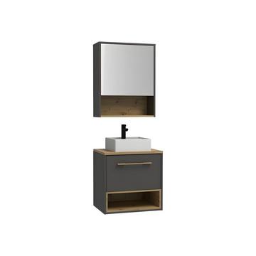 Badmöbel hängend mit Aufsatzwaschbecken & Spiegelschrank - B. 60 cm - Anthrazit - YANGRA
