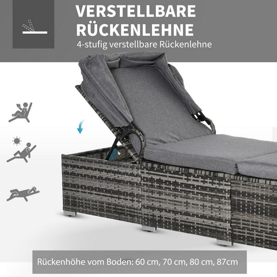 Northio Sonnenliege Aus Polyrattan Mit Sonnendach Verstellbare Gartenliege, Rattanliege Mit Kissen, Grau, 195X65X40Cm  