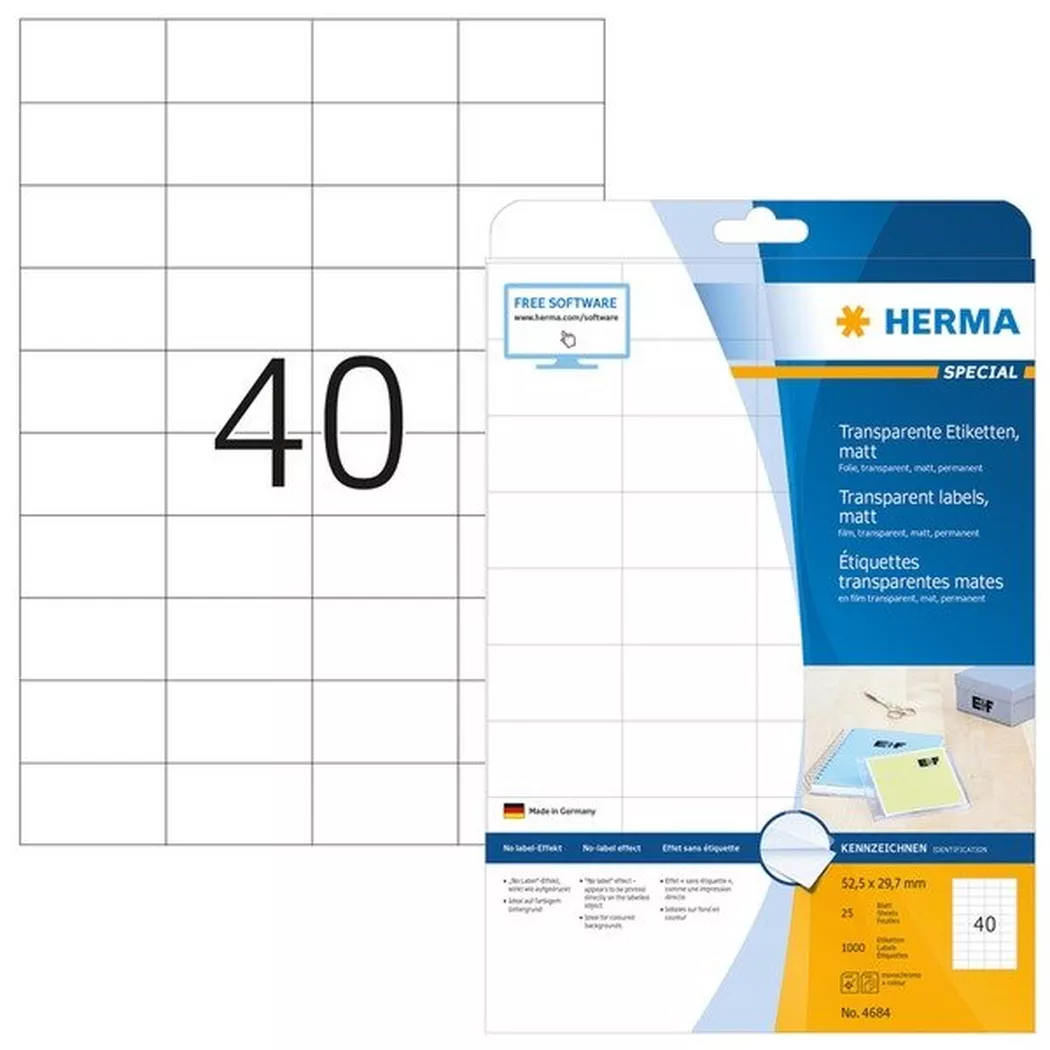 HERMA – Etiketten Special 52,5×29,7mm 4684 transparent 25 Stück, One Size