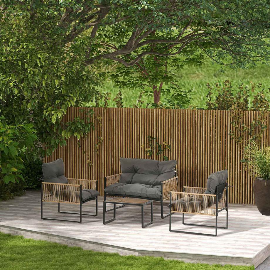 Northio 4 tlg Rattan Gartenmöbel Set mit Kissen, Gartensitzgruppe, 1 Couchtisch aus Glas, 2 Sessel, 1 Doppelsofa, elegante Sitzgarnitur  