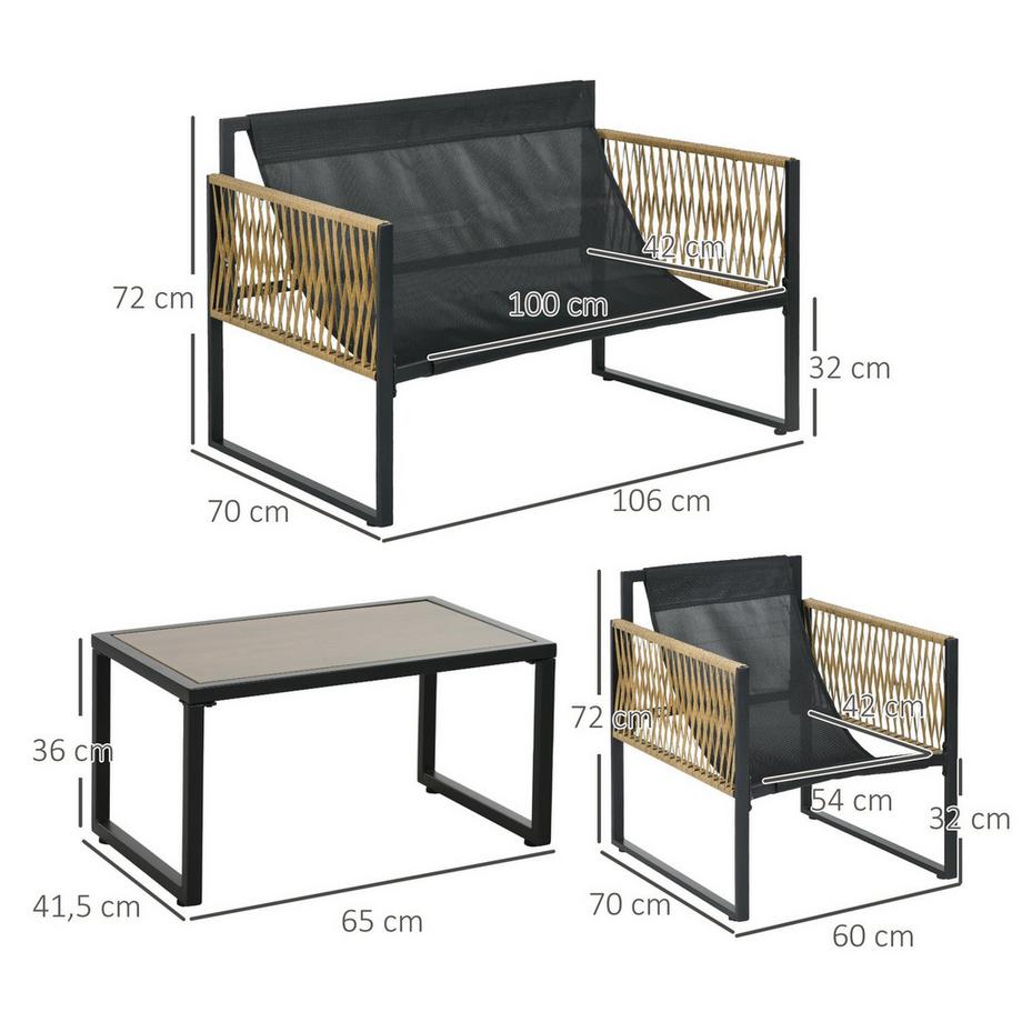 Northio 4 tlg Rattan Gartenmöbel Set mit Kissen, Gartensitzgruppe, 1 Couchtisch aus Glas, 2 Sessel, 1 Doppelsofa, elegante Sitzgarnitur  
