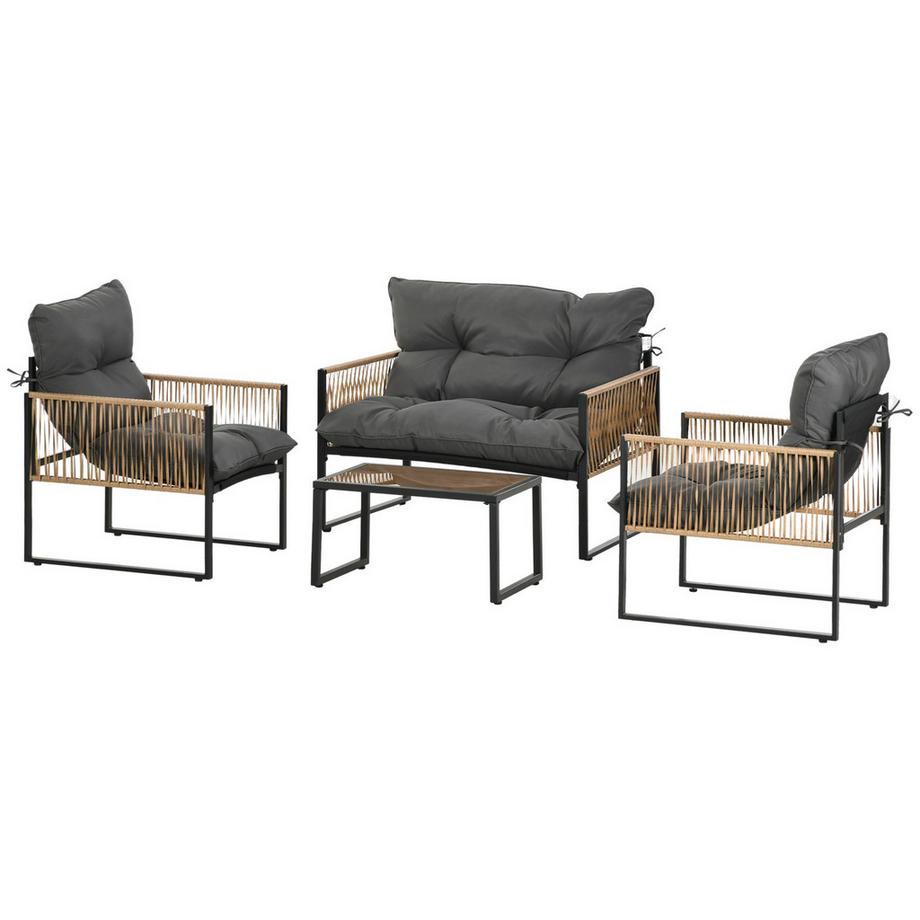 4 tlg Rattan Gartenmöbel Set mit Kissen, Gartensitzgruppe, 1 Couchtisch aus Glas, 2 Sessel, 1 Doppelsofa, elegante Sitzgarnitur