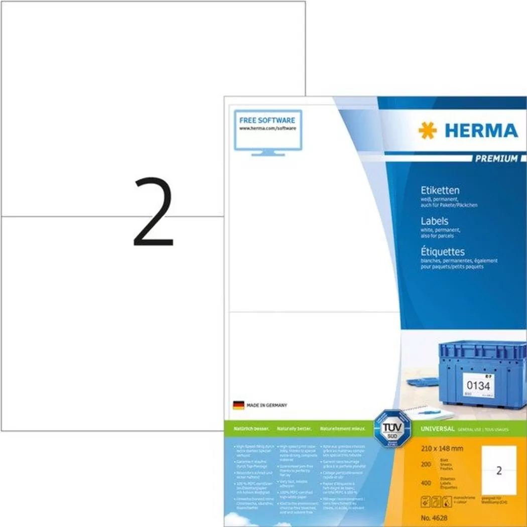 HERMA – Universal-Etiketten 210x148mm 4628 weiss 400 St./200 Blatt, One Size
