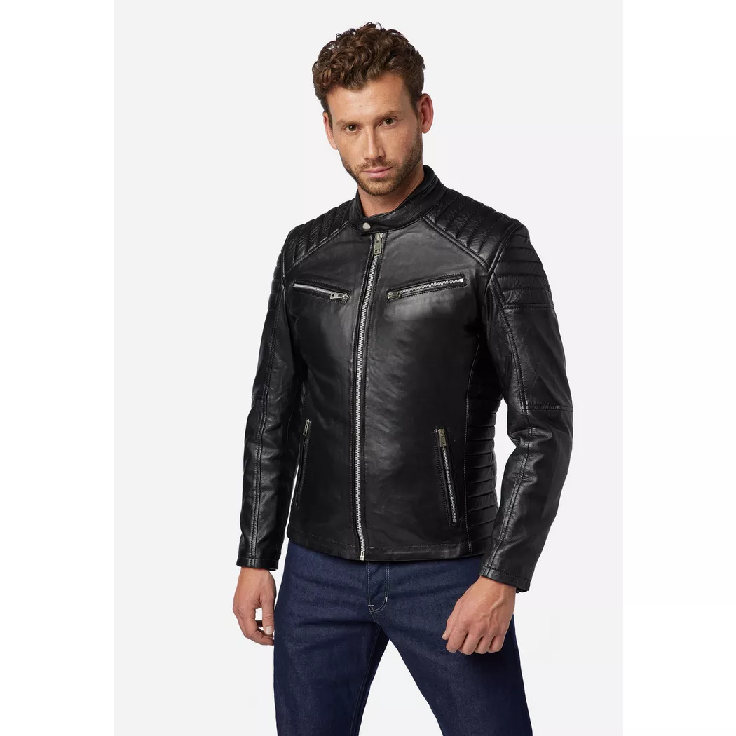 RICANO - Lederjacke Cooper im Biker-Stil mit Stehkragen, XXL, Schwarz