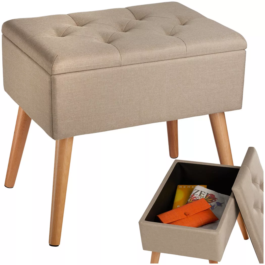 tectake® Sitzbank, gepolstert, in Leinenoptik, Holzbeine mit Filzgleitern, 51 x 37,5 x 45,5 cm