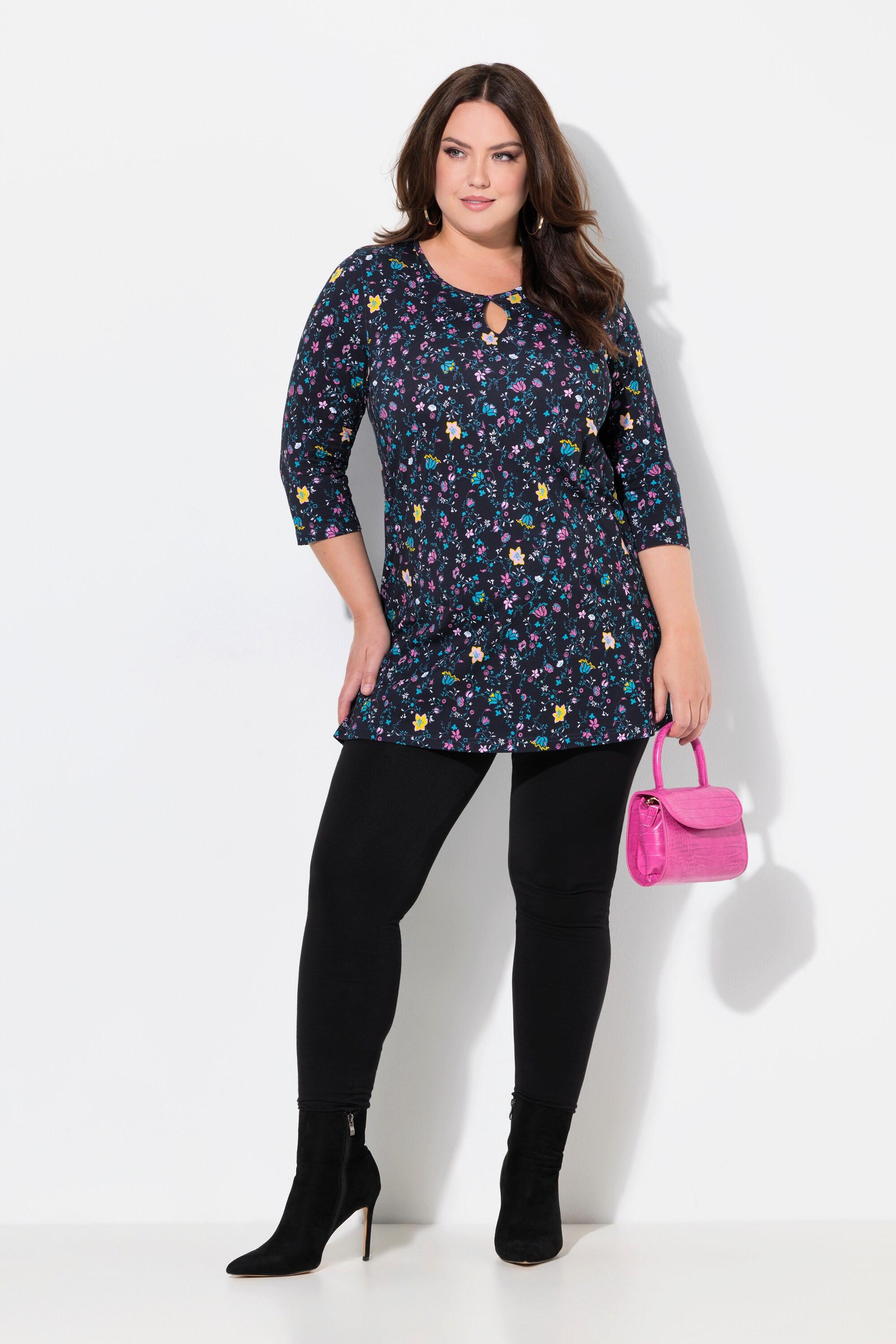 Ulla Popken  Longshirt, Blüten, A-Linie, Rundhals, 3/4-Arm 