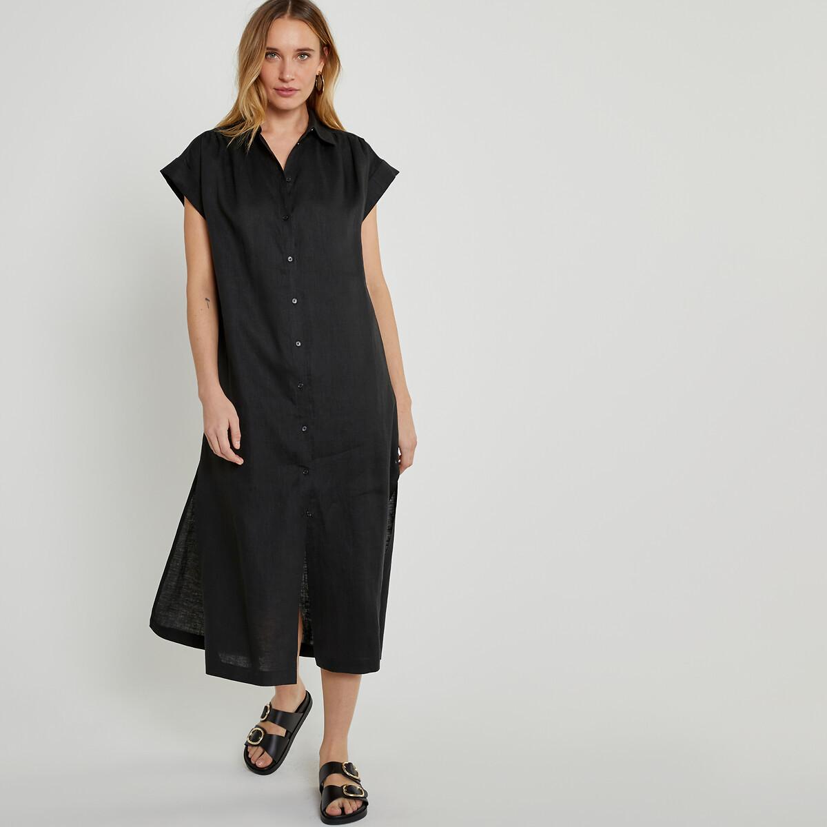 Image of Langes Hemdblusenkleid Signature Aus Leinen Damen Schwarz XS