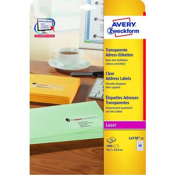 AVERY ZWECKFORM Adressetiketten 45,7x25,4mm L4770-25 Laser, transp. 1000Stk./25Bl.