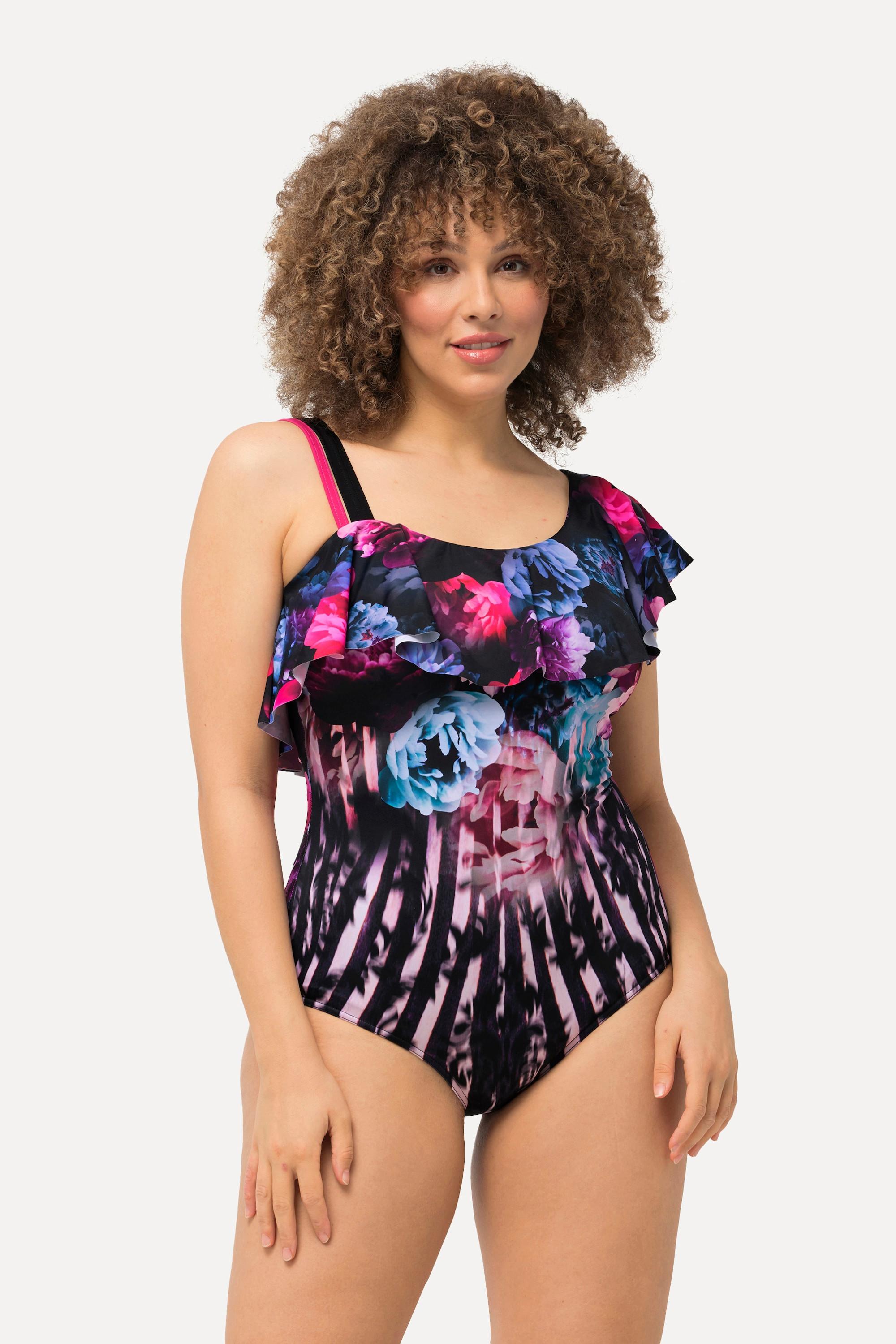 Ulla Popken  Maillot de bain avec bonnets souples, style bustier, imprimé fleurs et large volant 