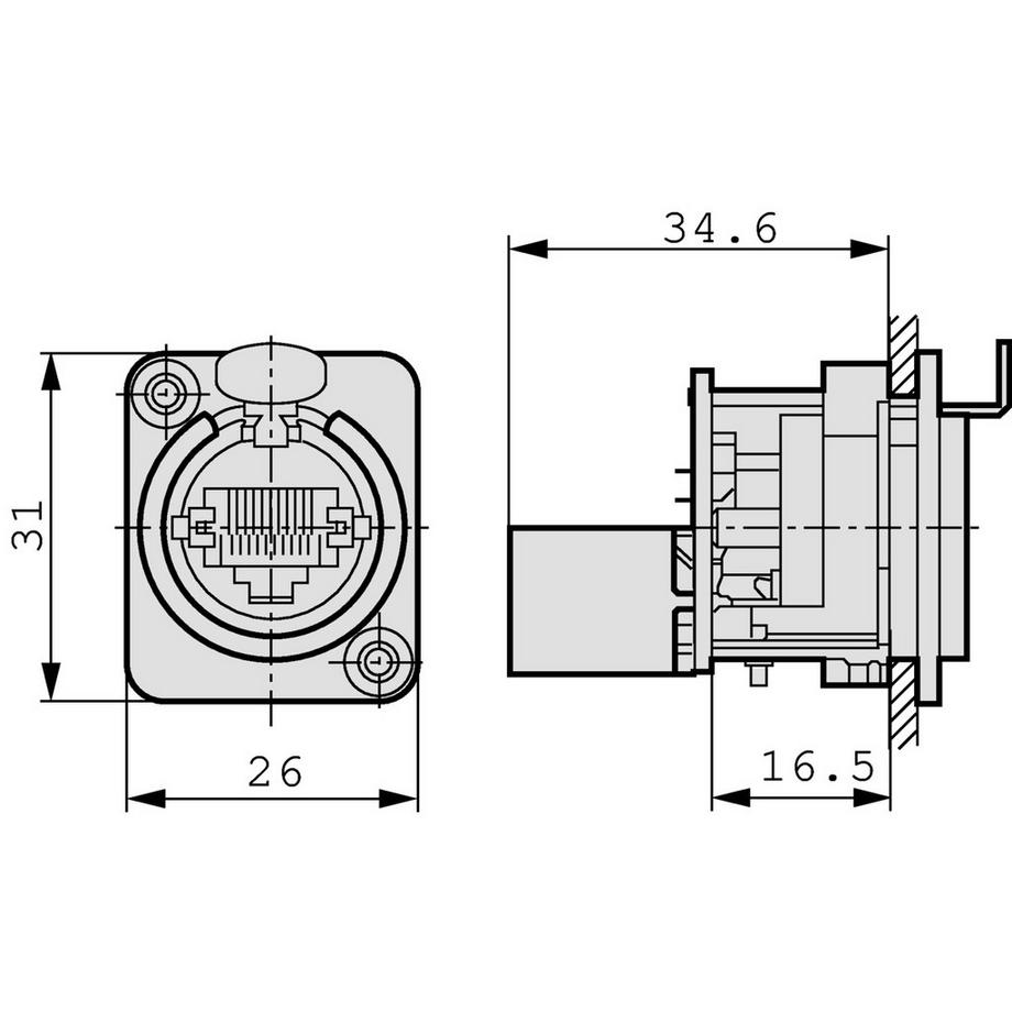 Nedis  RJ45-Durchgangsbuchse, D-förmiger Metallflansch mit Schnappverschluss, inklusive Befestigungsschrauben. 