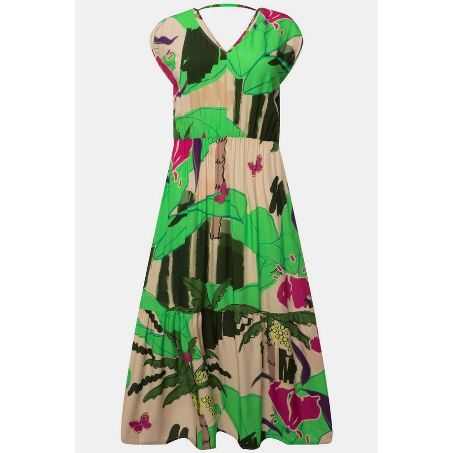 Ulla Popken Maxikleid Palmen V-Ausschnitt Ärmellos  